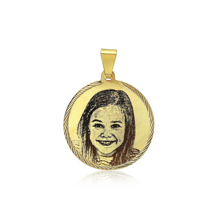 N10  Photo Engraved onto Gold Pendant Circle 26 mm.