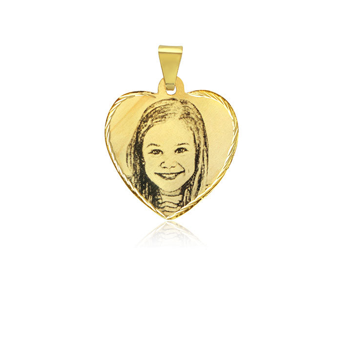 N14 Photo Engraved onto Gold Pendant Heart L 26 mm x W 24 mm.