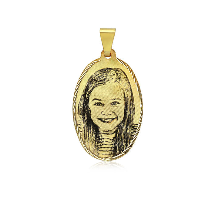 N9 Photo Engraved onto Gold Pendant Oval L 32 mm x W 20 mm.